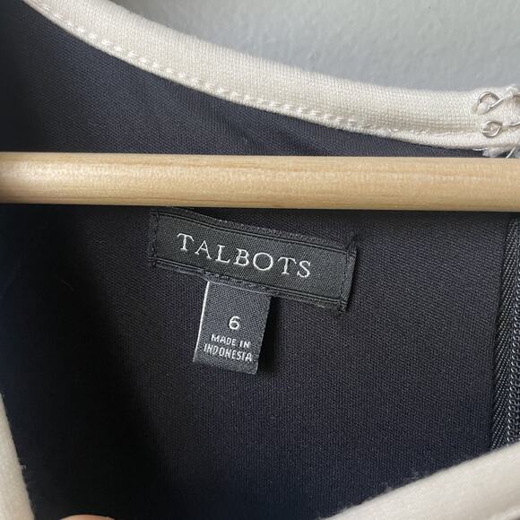 TALBOTS PONTE KNIT DRESS SIZE 6-BLACK-IVORY TRIM-BACK ZIP & SLIT-SHORT SLEEVES - Picture 6 of 11